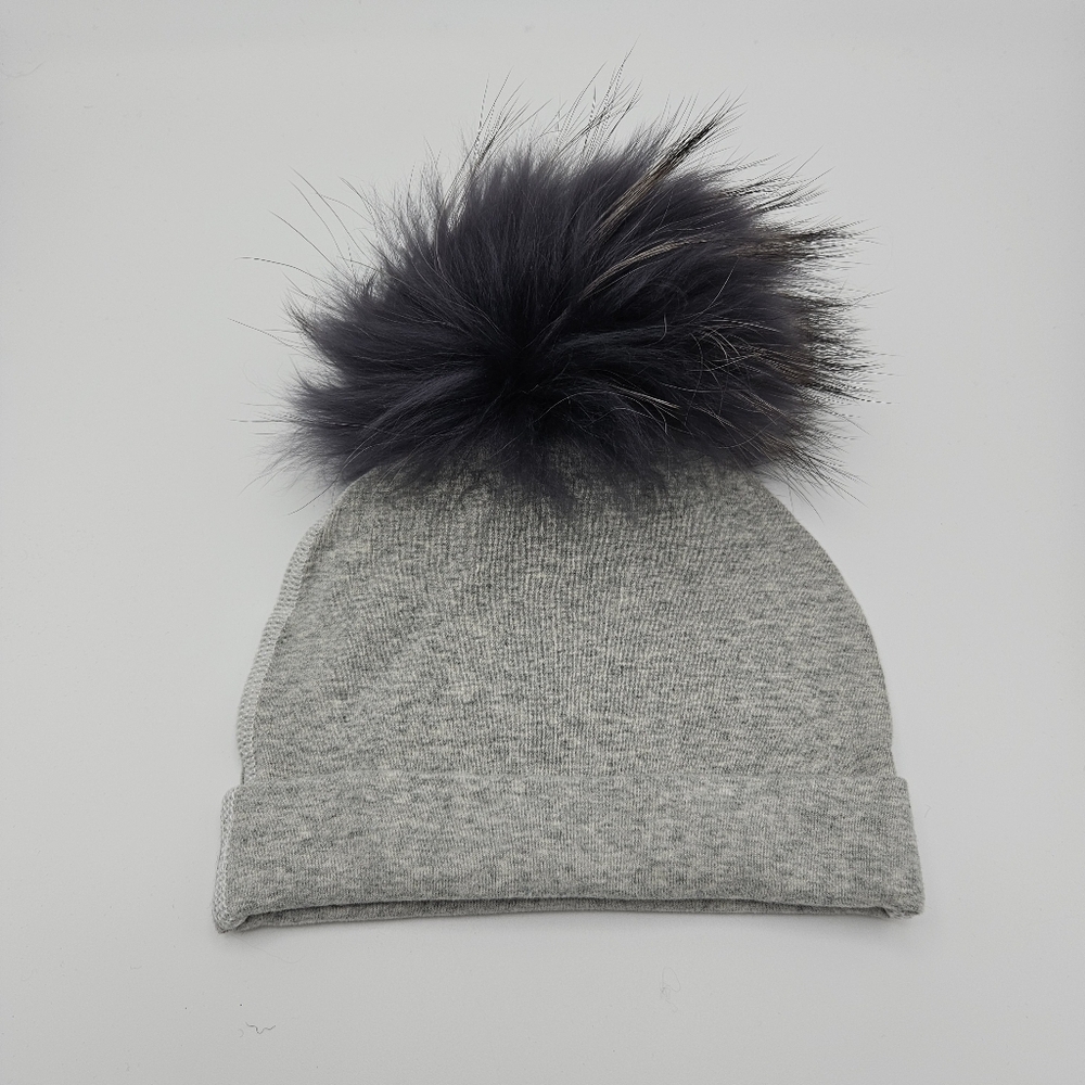 Socks & Bows gray baby beanie with dark gray removable pom pom